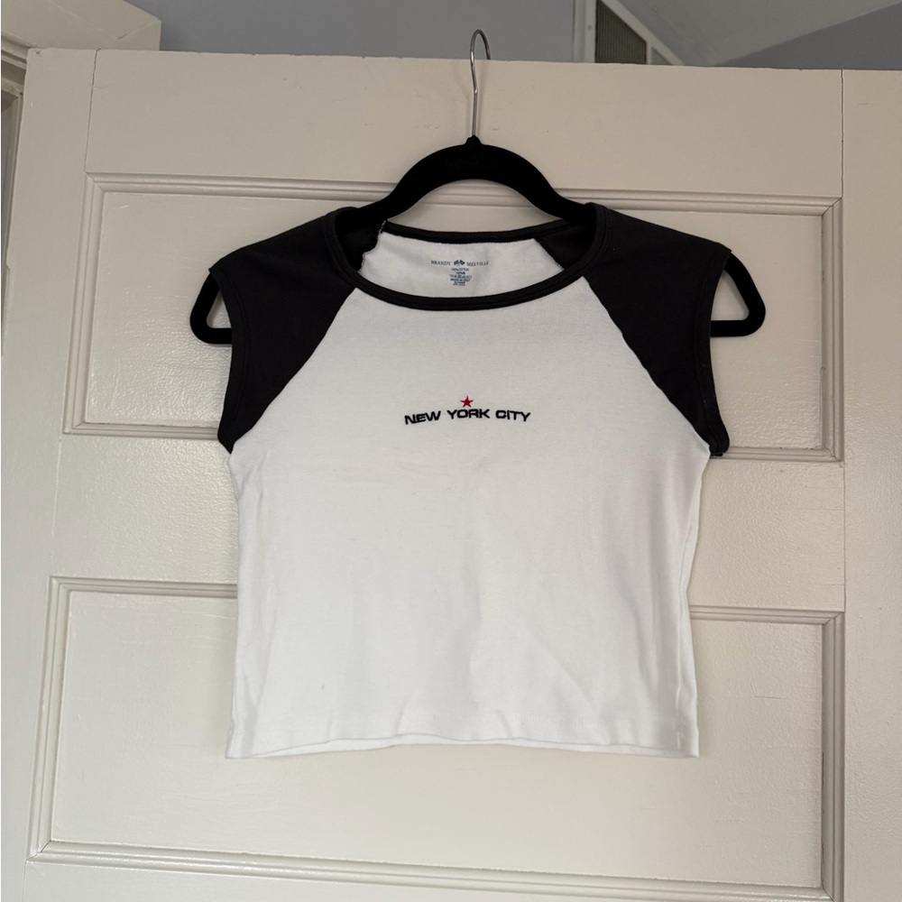 Brandy Melville White & Black 'New York City' Graphic Raglan Tee